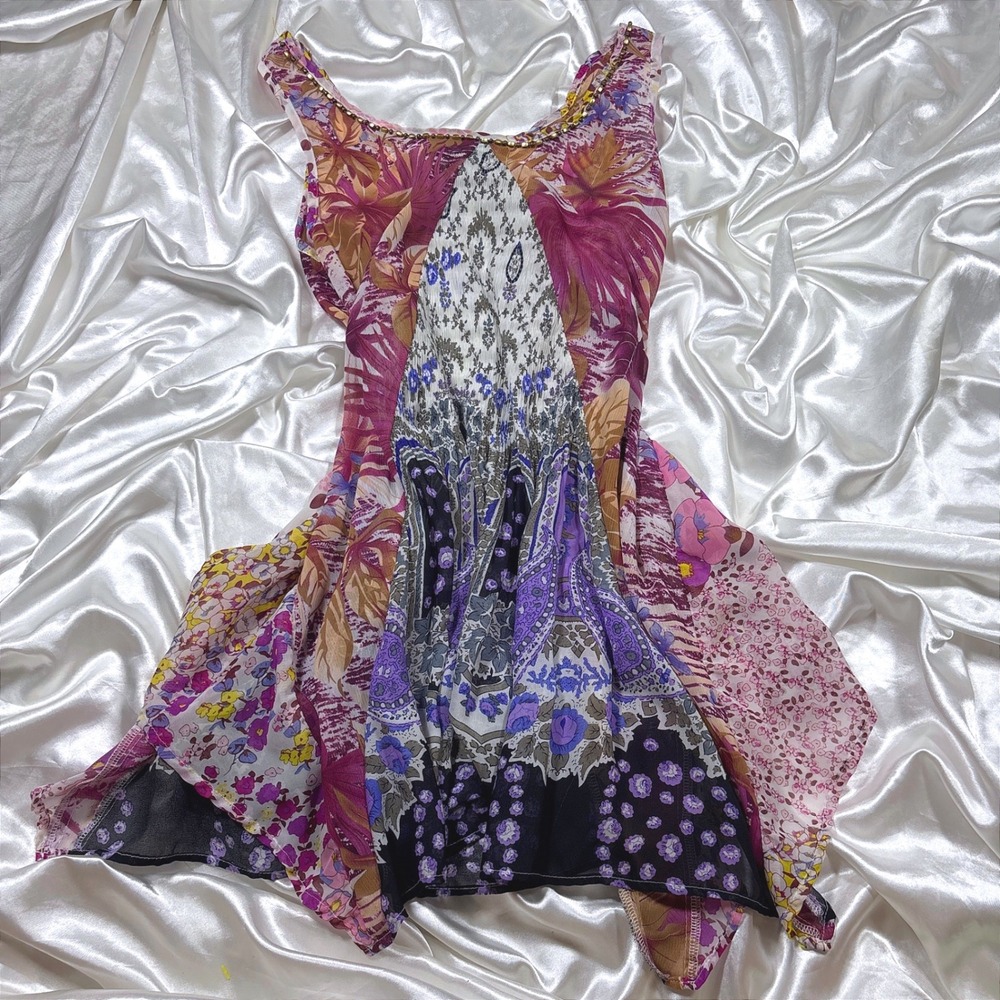 y2k Faith Tunic Top Purple Excellent Mixed Floral Paisley Beaded Handkerchief